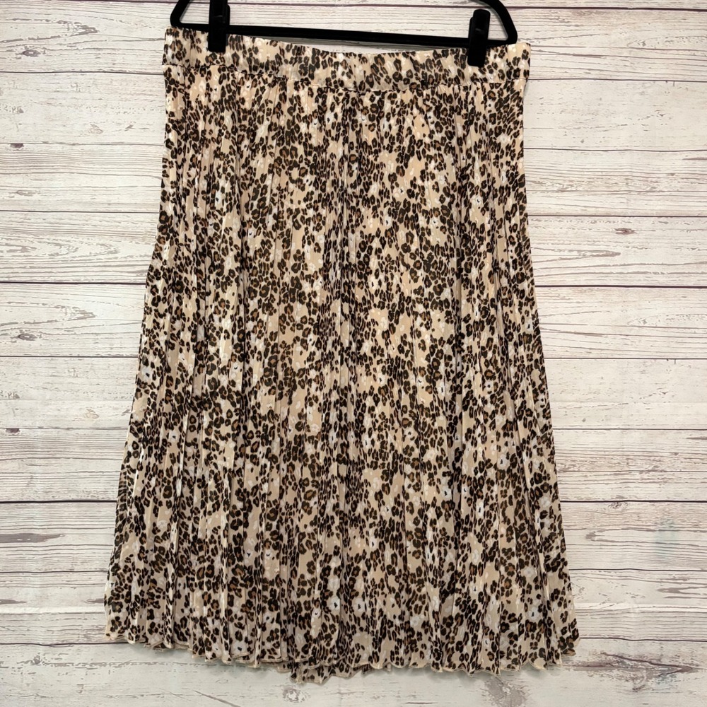 Lane Bryant Leopard Print Pleated Midi Skirt Brown‎ Tan Elastic Waist Size 18/20